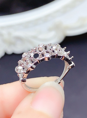 银戒指空托椭圆形3*4mm花边排戒个性橄榄石水晶银底托