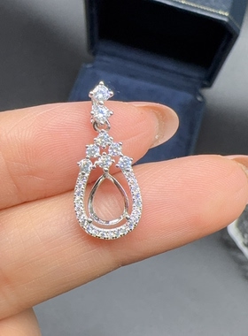 S925银镀金吊坠空托时尚简约水滴形 6×8mm女款项链坠空托