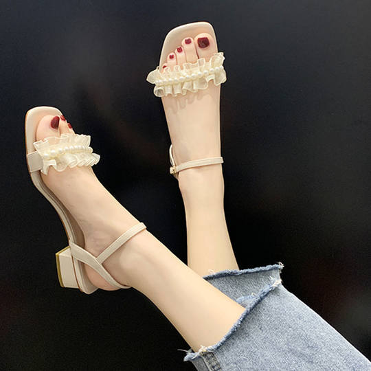 Real skin sandals for women 2024 summer new pearl one-length buckle mid-heel fairy style fashion high heels