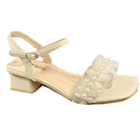 Real skin sandals for women 2024 summer new pearl one-length buckle mid-heel fairy style fashion high heels