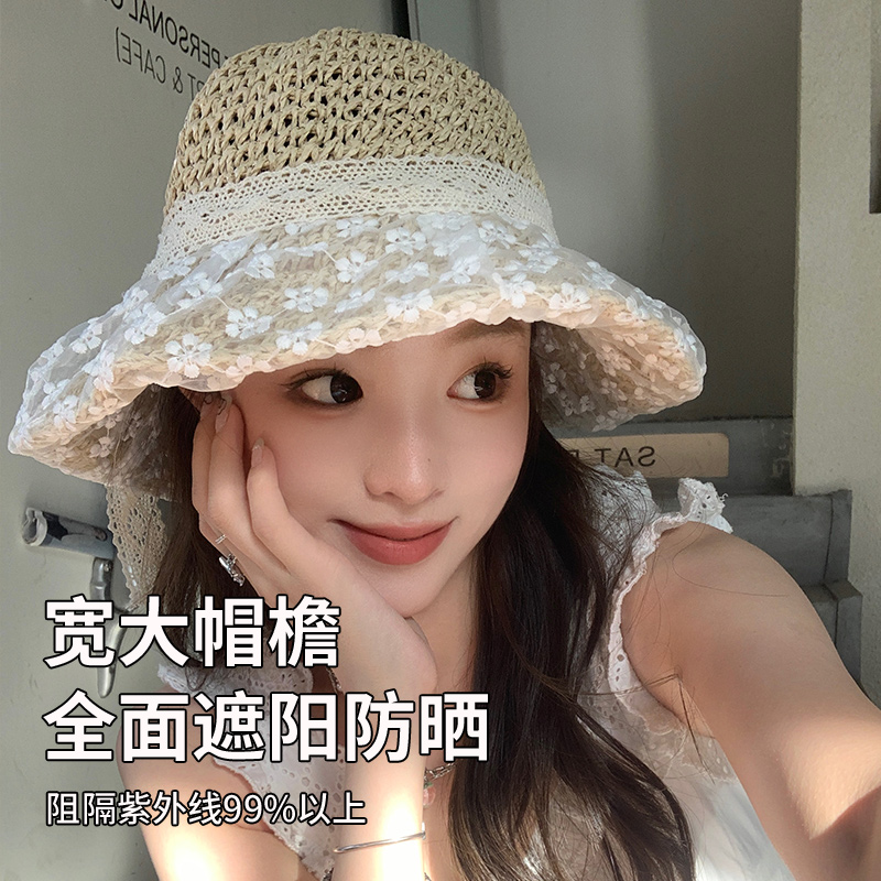 海边帽子女夏季防晒草帽赫本风沙滩度假蕾丝遮阳太阳帽透气渔夫帽