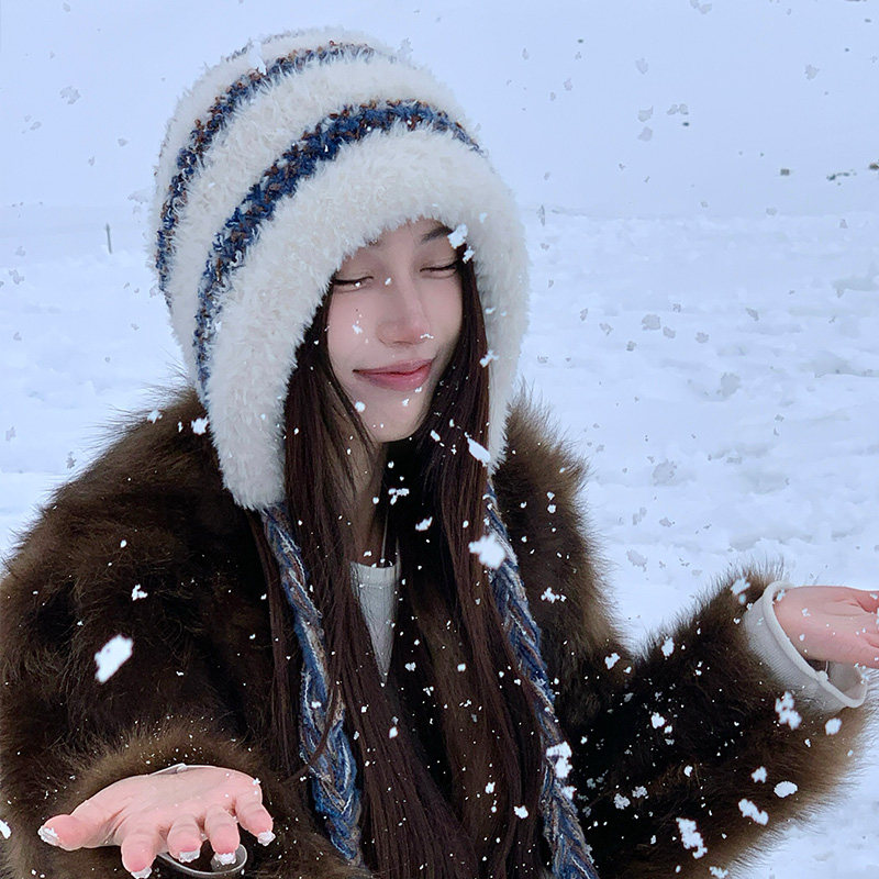 可爱毛绒帽子女秋冬彩色辫子针织兔毛冬天护耳保暖东北防寒风雪帽 - 图0