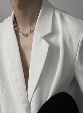 原创白昼系列玉珠子钛钢项链男女高级感轻奢小众嘻哈潮锁骨链男款