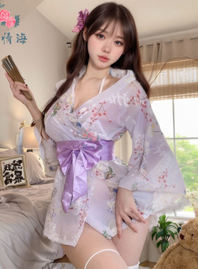 花情海东京神明少女性感火辣印花甜美蝴蝶结纯欲和服日系网纱A178