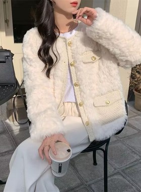 夹棉加厚小香风羊羔毛外套女2025秋冬百搭新款外穿毛绒宽松上衣女