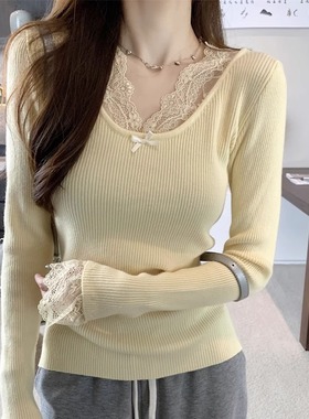 甜辣白色蕾丝V领毛衣女2024秋冬高级小香风内搭针织打底长袖上衣