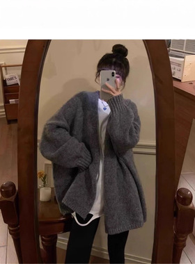 韩系软糯针织开衫女外穿秋冬季高级感宽松慵懒风中长款毛衣厚外套