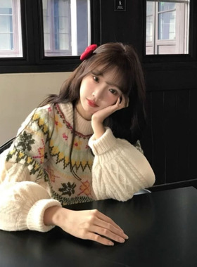 费尔岛设计感毛衣女秋冬新款慵懒风高级感灯笼袖宽松森系针织衫女