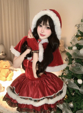 2024圣诞节服装Lolita欧美跨境性感裹胸新年战袍斗篷雪人装连衣裙