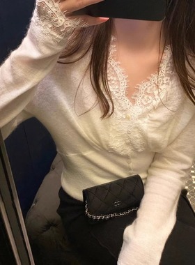 一件代发春季秋冬蕾丝拼接V领针织上衣女单排扣内搭毛衣打底衫