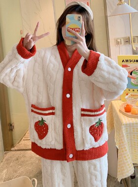 秋冬加厚乌龙桃睡衣少女长袖长裤小香风法兰绒套装家居服加厚保暖