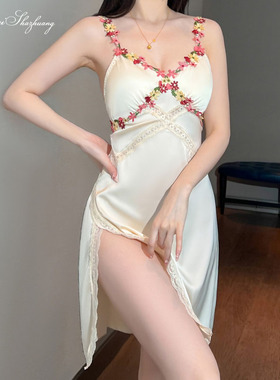 唯美纱性感侧开衩吊带睡裙女士浪漫花朵吊带睡衣深V家居蕾丝睡裙