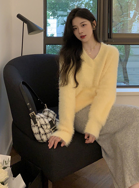 套头毛衣女温柔风软糯春秋鹅黄色马海毛减龄慵懒水貂毛针织衫上衣