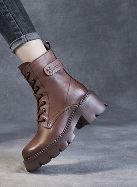 厚底马丁靴女年新款春秋靴子英伦风真皮高跟小个子短靴