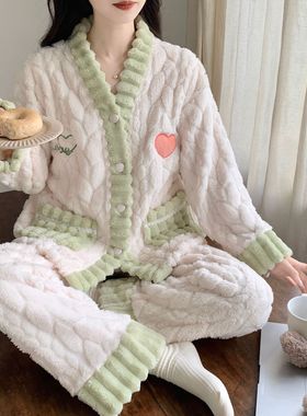 珊瑚绒睡衣女秋冬季新款加绒加厚保暖甜美法兰绒可外穿家居服套装