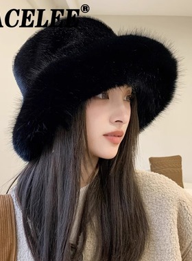 高级感仿皮草貂毛蓬松渔夫帽女贵妇风大头围毛绒帽冬季保暖帽子