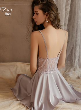 瑰若性感低胸聚拢加胸垫网纱透视露背大码睡裙外袍家居服套装4118