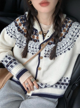 KANING复古费尔岛提花针织开衫女2025秋冬新款奶fufu软糯毛衣外套