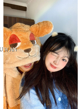 卡通尼克朱迪情侣睡衣女款冬季加绒加厚连帽家居服珊瑚绒保暖套装