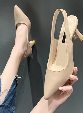 2022春夏季新款尖头高跟鞋女细跟包头凉鞋后空浅口单鞋女