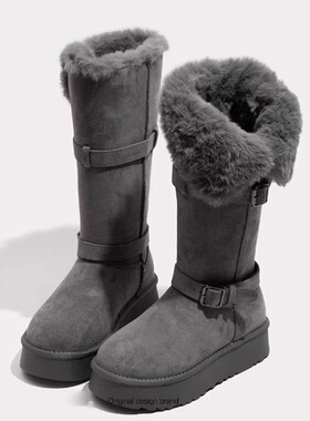 灰色加绒加厚底长筒雪地靴女2025冬季新款高筒两穿可折翻保暖棉鞋