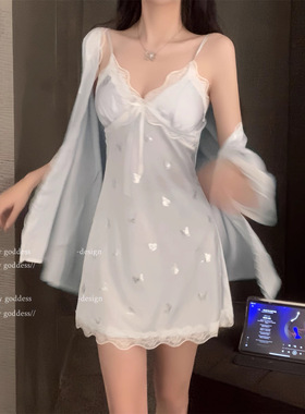 2025新款性感蝴蝶吊带睡衣女款纯欲风睡裙带胸垫甜美冰丝绸家居服