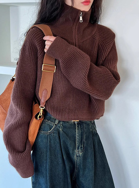 设计感半高领拉链红色针织衫女短款秋冬新款高腰毛衣宽松加厚外穿