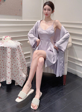 性感睡衣女v字领带胸垫两件套睡衣 网红吊带露背睡裙睡袍家居服