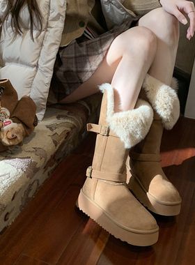 厚底加绒2025年冬季毛毛翻边保暖短靴棉鞋中筒雪地靴女抗寒长靴女