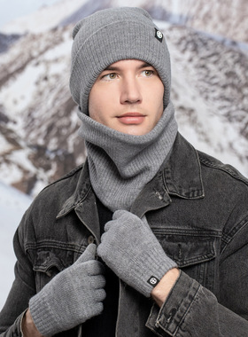 亚马逊冬季帽子男加绒加厚针织帽子围巾手套三件套装保暖帽子女