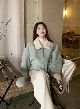 韩系高级感浅蓝色翻领短款羊羔毛外套女2025冬款皮毛一体夹克上衣