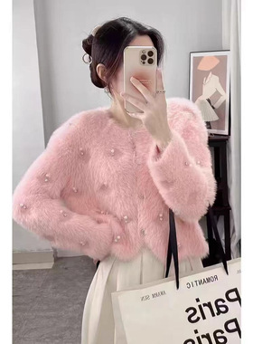 秋冬新款法式钉珠针织开衫韩系慵懒风毛衣外套女小香风上衣