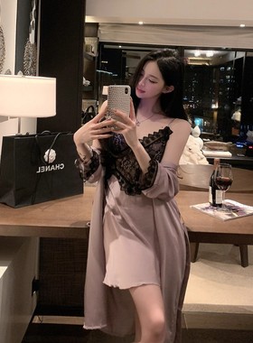 西诗 一点点欲性感冰丝吊带睡裙高级感睡袍家居服蕾丝睡衣女纯欲