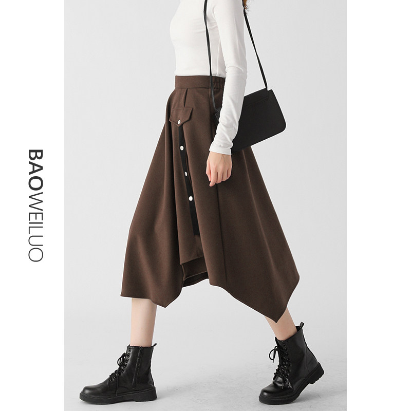 2021秋冬高腰不规则毛呢a字长裙 宝薇洛半身裙