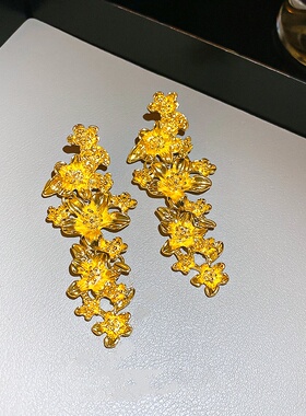 银针欧美花朵流苏耳环时尚气质耳钉女复古小众设计耳环轻奢高级感
