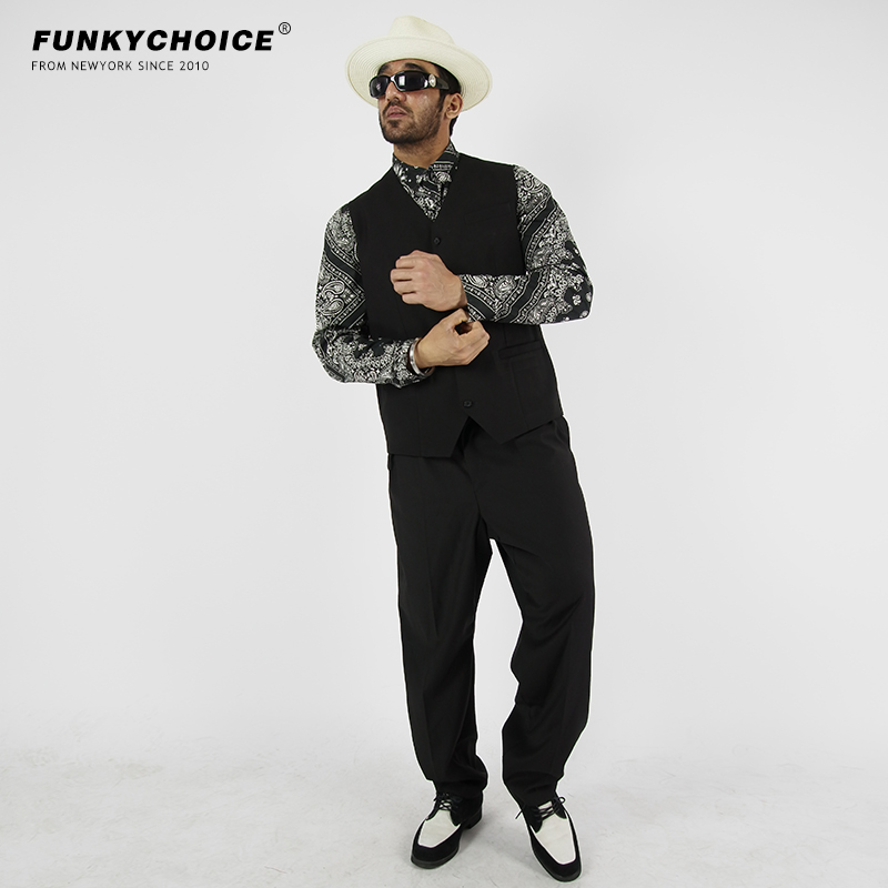 黑色街舞popping裤子男西服套装hiphop嘻哈潮宽松locking西裤马甲 - 图0