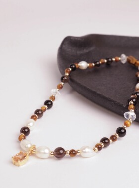 秋冬复古美拉德风虎眼石串珠项链