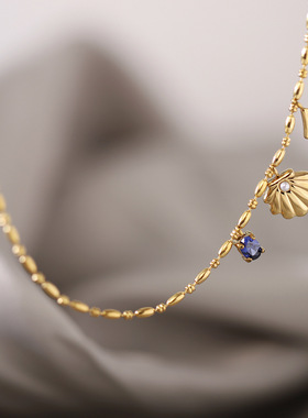 时尚贝壳珍珠蓝钻菱形项链