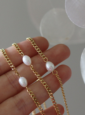 XL294 淡水珍珠米粒路路通项链女 手工锁骨链 钛钢镀18K金保色