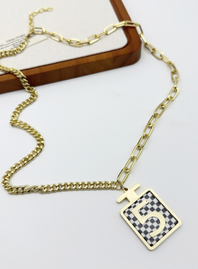 棋盘格数字5项链女毛衣链