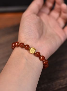 黑金天珠搭配红玛瑙单圈女士手串