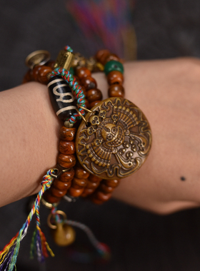 藏式牦牛骨108颗佛珠项链搭配雕刻牛骨阿呆牌子可拉伸调节手链