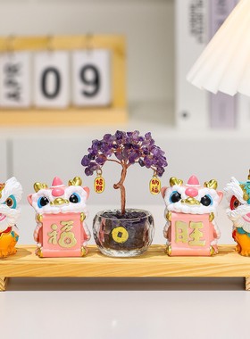 马年福旺醒狮舞龙水晶发财树摆件