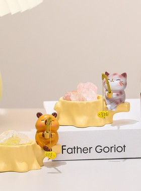 萌宠小青蛙钓鱼动物矿香石摆件