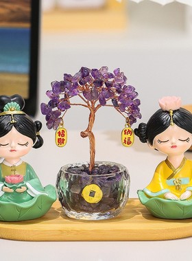 佛系少女好运莲莲水晶树桌面摆件
