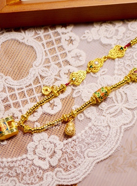 古法沙金国潮如意锁葫芦珐琅彩烧蓝双扣项链女轻奢小众锁骨毛衣链