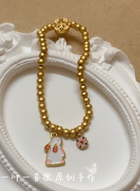 热卖手工烧蓝桃花小兔子古法沙金手链镂空四叶草本命年生肖兔圆珠