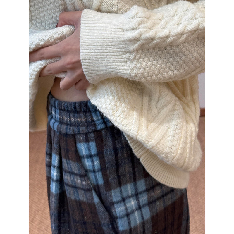 300斤美式复古格子阔腿裤女秋冬加绒慵懒松弛感毛呢显瘦休闲裤子,淘宝优惠券,粉丝福利购,淘宝优惠卷