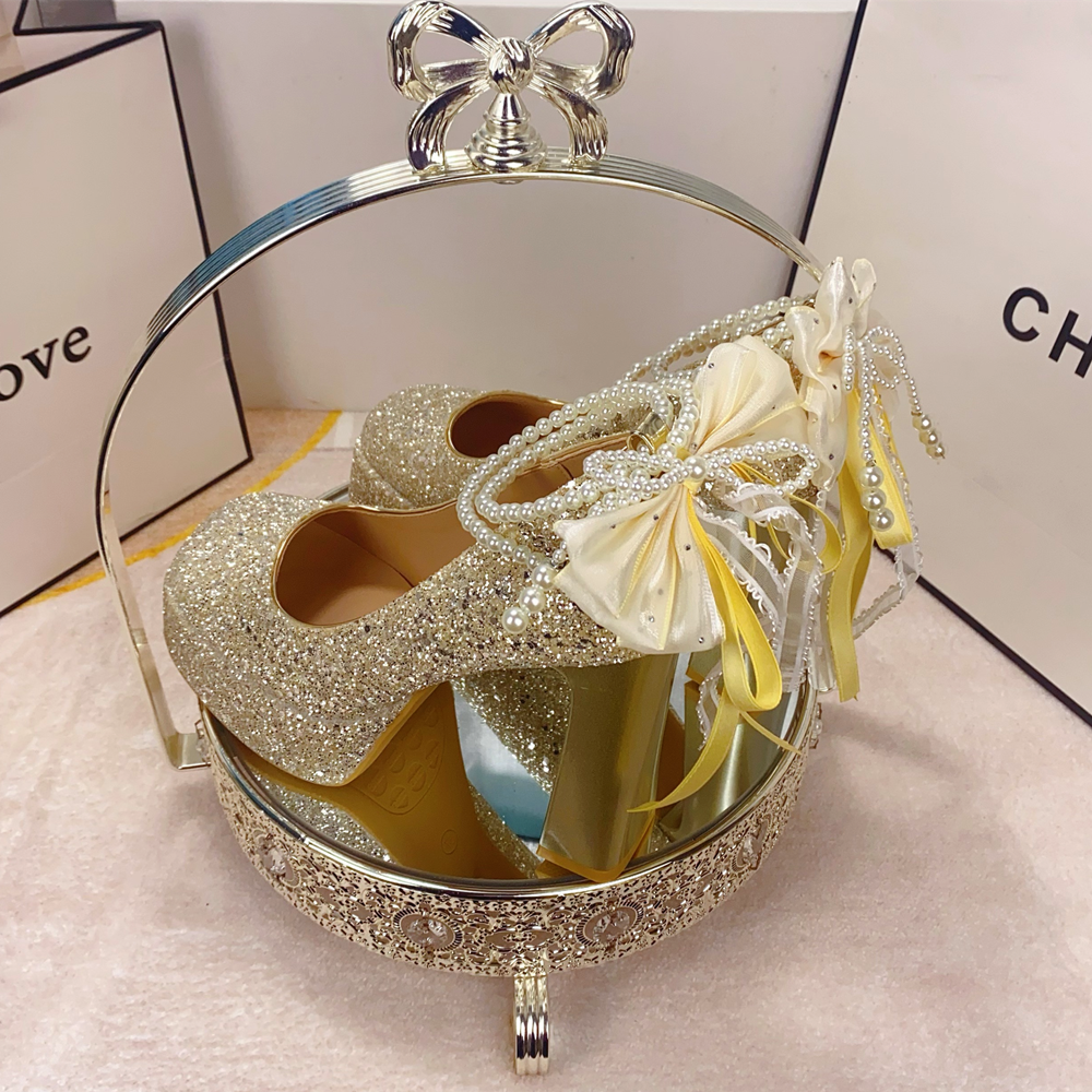 韩版亮片婚鞋女超闪防水台粗跟水晶鞋珍珠链蝴蝶结方头厚底高跟鞋,淘宝优惠券,粉丝福利购,淘宝优惠卷