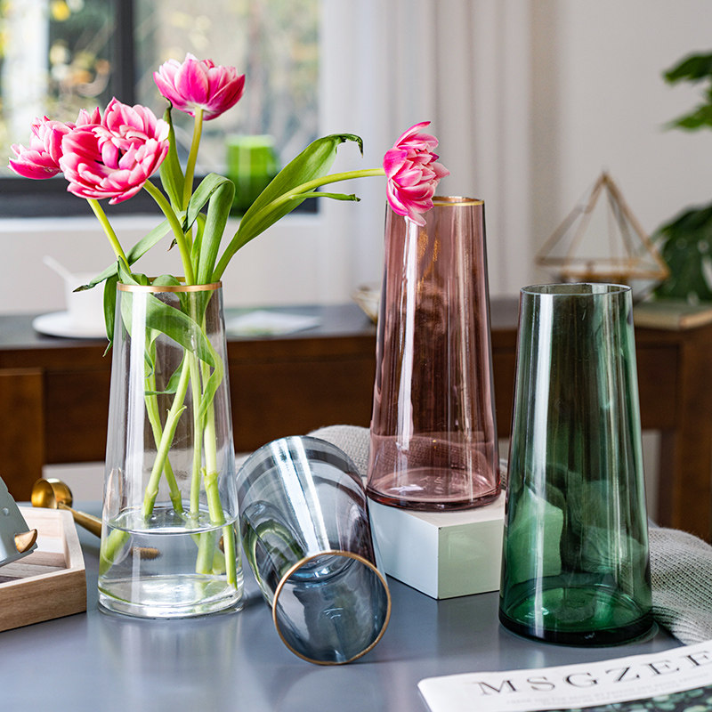 北欧创意轻奢网红描金玻璃花瓶透明客厅水养鲜花插花干花花瓶摆件 周周花卉园艺店 淘优券